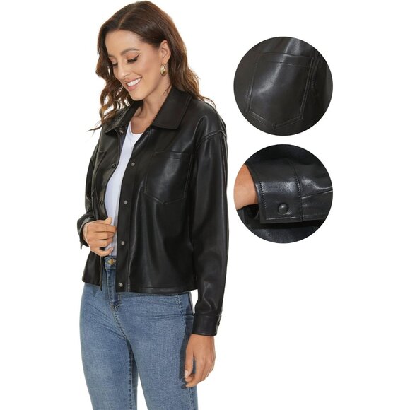 ✨ Women Black Faux Leather Shacket Loose Fit Long Sleeves Button Casual Jacket - Picture 5 of 6